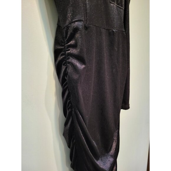 Black Stretch Velvet Long Sleeve Babydoll Ruched Bodycon Dress Witchy Vamp Sz S - Picture 2 of 7